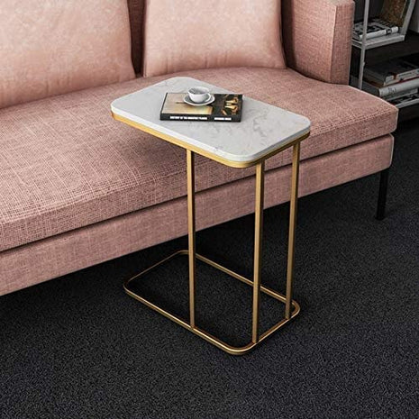 WOODENCENTURY Open Space Side Table C-Shaped Thin Bedside Table, Living Room Bedroom Office Sofa Table Golden White